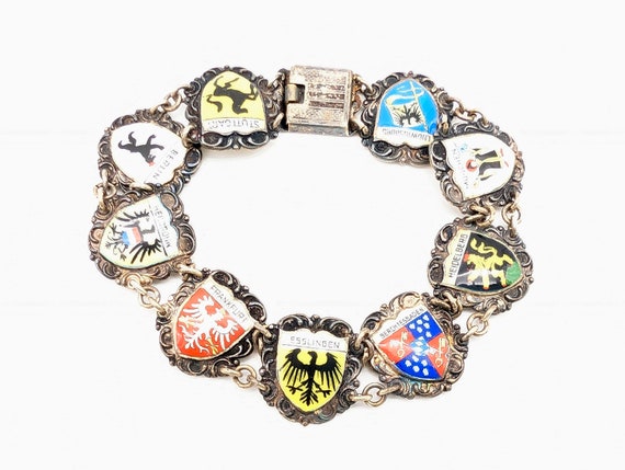 800 Silver Enameled German Travel Charm Link Brac… - image 1