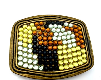 Vintage Yellow, Orange, White & Black Rhinestone Bronze Belt Buckle