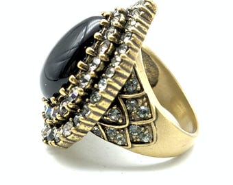 Vintage Heidi Daus Faux Onyx & Crystal Multi-Stone Crystal Ring - Size 6
