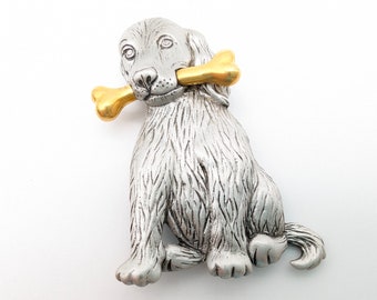 Large Vintage Silver & Gold Tone Dog With Bone Brooch Signed Jonette Jewelry