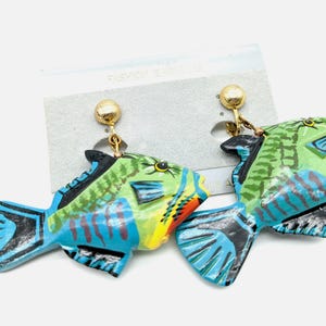 Vintage Oversized Hand Painted Colorful Fish Dangle Clip Earrings