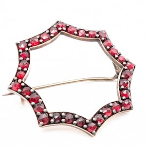 Antique Gold Over Sterling Silver Rose Cut Bohemian Garnet Circle Brooch