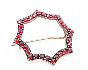 Antique Gold Over Sterling Silver Rose Cut Bohemian Garnet Circle Brooch