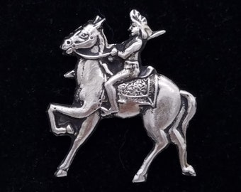 Vintage Native American Riding a Horse Brooch, Silvertone Metal, Handmade in Japan