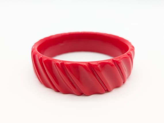 Vintage Carved Red Bakelite Bangle Bracelet - image 1