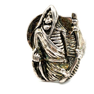 Vintage Oxidized Silver Plated Grim Reaper Men&#39;s Biker Ring Signed G&S  - Size 10.5