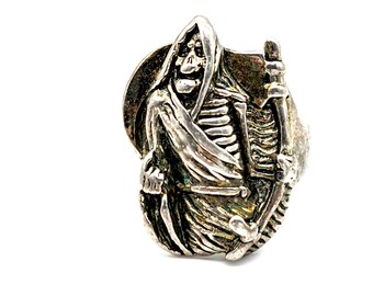 Vintage Oxidized Silver Plated Grim Reaper Men's Biker Ring Signed G&S  - Size 10.5