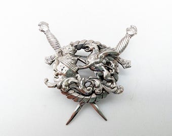 Vintage Heraldic Crossed Swords Griffin Shield Brooch - 2"