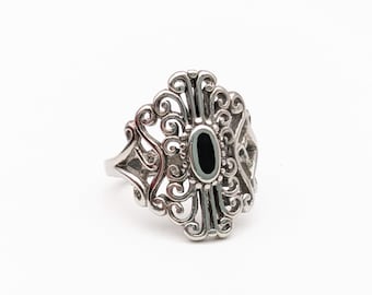 Vintage Sterling Silver & Black Onyx Filigree Ring - Size 6.25