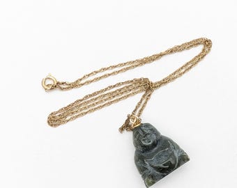 Vintage Carved Jade & 12K Gold Filled Buddha Pendant Necklace - 18"