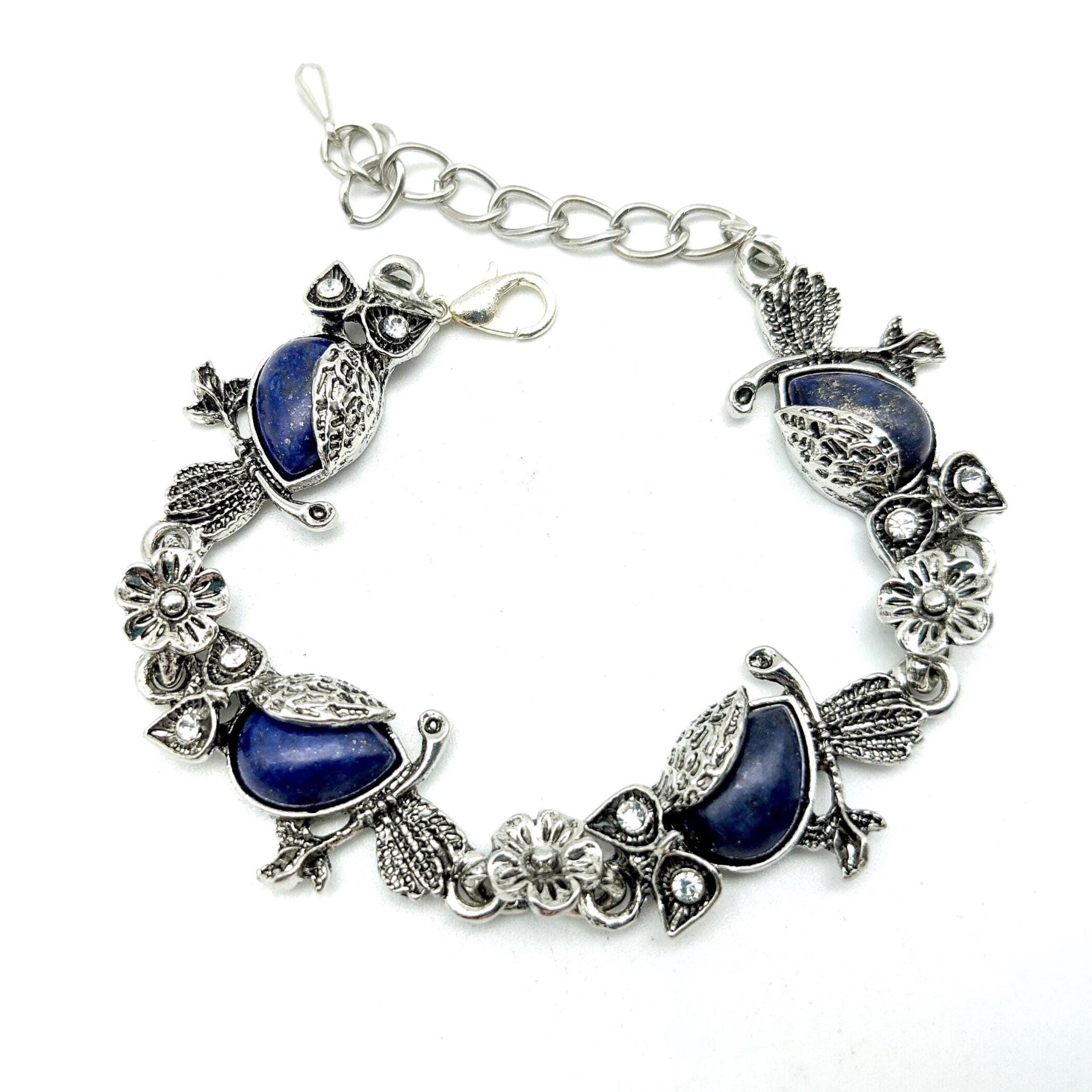 Silver Tone & Faux Blue Lapis Owl Link Bracelet - 7-9" Adjustable
