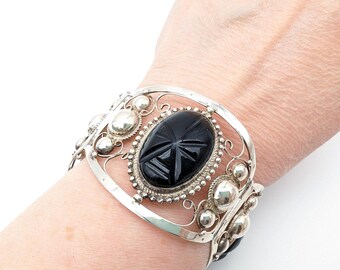 55 Gram Mexico Sterling Silver Black Onyx Aztec Warrior Panel Link Bracelet - 7.5"