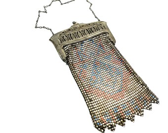 Stunning Art Deco Pink & Blue Painted Metal Mesh Purse - 10"