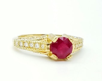 14K Gold Natural Ruby & Diamond Solitaire Engagement Ring - Size 6.5