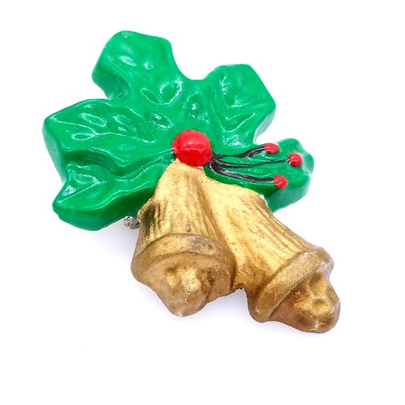 Red, Green & Gold Painted Ceramic Christmas Bells Brooch With Holly