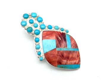 Vintage Sterling Silver, Turquoise & Jasper Pendant Signed Jay King