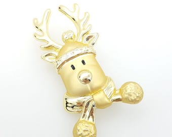 Brushed Gold Tone Reindeer Brooch Signed AJC