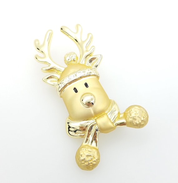 Brushed Gold Tone Reindeer Brooch Signed AJC - image 1