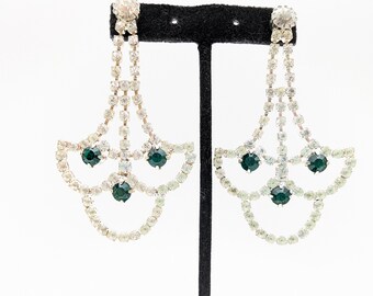 White & Green Rhinestone Chandelier Dangle Earrings - 3"