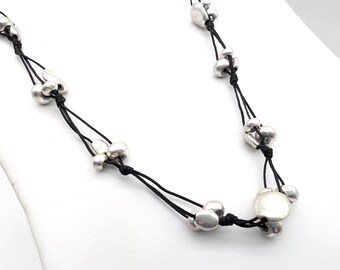 Bella Uno Brushed Silver Beaded Cord Necklace - 28"
