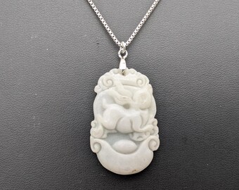 Sterling Silver & Carved Jade Chinese Zodiac Rabbit Pendant Necklace - 20"