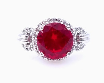 Sterling Silver, Ruby & White Topaz Ring - Size 6 3/4