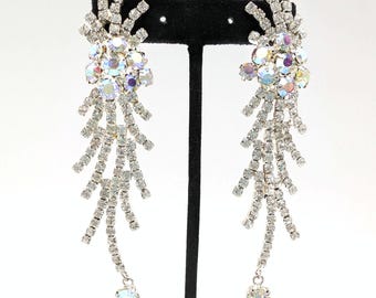 Long Silver Plated & Rhinestone Statement Earrings; Clear or AB