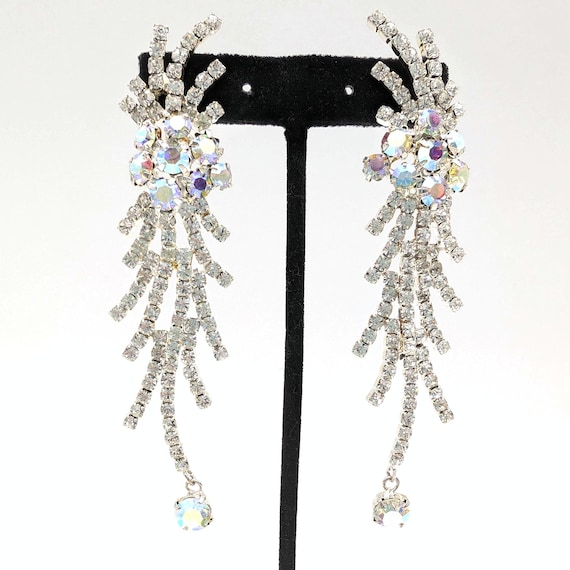 Long Silver Plated & Rhinestone Statement Earring… - image 1