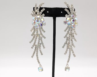 Long Silver Plated & Rhinestone Statement Earrings; Clear or AB
