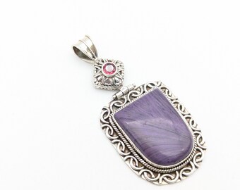 Vintage Purple Charoite, Pink Garnet & Sterling Silver Pendant