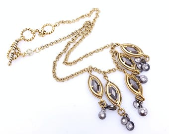 Monet Gold Tone Victorian Style Necklace With Marquise Dangles & Rhinestones - 15.5 - 18" Adjustable