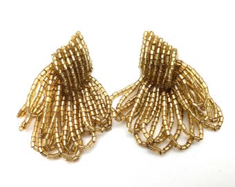Vintage Iridescent Gold Beaded Dangle Earrings - 2"