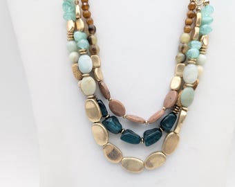 Vintage Triple-Strand Gold, Green, Black and Brown Beaded Necklace