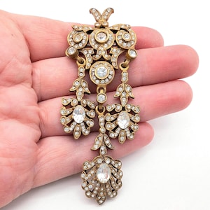 Signed Cadoro Antiqued Gold Tone & Rhinestone Dangle Statement Brooch - 3&quot;