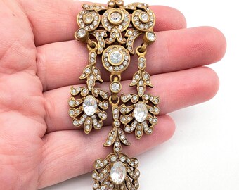 Signed Cadoro Antiqued Gold Tone & Rhinestone Dangle Statement Brooch - 3"