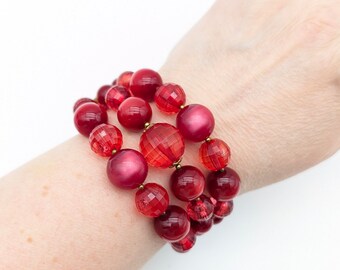 Vintage Red & Pink Lucite Bead Memory Wire Bracelet - 6.75" Adjustable