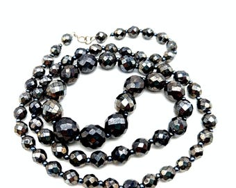 Vintage Graduated Iridescent Black Crystal Bead Necklace - 30"
