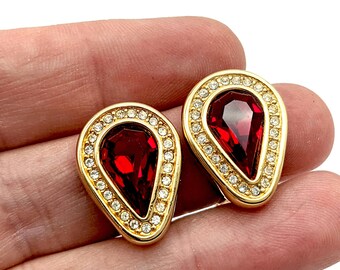 Vintage Signed Swarovski Ruby Red & White Crystal Gold Plated Teardrop Clip Earrings - 7/8"