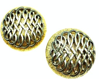 Pendientes de clip circular Oscar de la Renta, tejido de canasta en dos tonos dorado y plateado