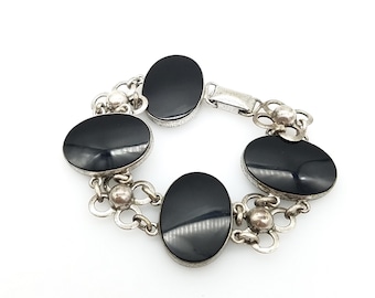 Vintage Sterling Silver Black Onyx & Floral Link Bracelet Signed BB Sterling - 7.25"