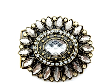 Vintage Rhinestone Floral Belt Buckle - 3.5"