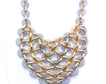 Vintage Christian Dior 1974 Resin & Gold Plated Circles Bib Choker Necklace - Fishnet Design, Pastel Lavender and Pink