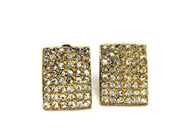 Vintage Large  Rhinestone Studded Gold Tone Rectangular Clip Earrings - 1.25"