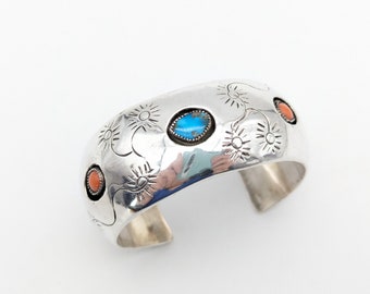 Sterling Silver, Turquoise & Red Coral Southwestern Cuff Bracelet - 5.5"