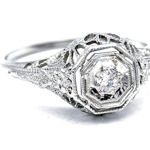 Antiker 18k Weißgold-Filigraner Diamant-Verlobungsring - Größe 6