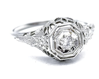 Antique 18k White Gold Filigree Old European Cut Diamond Engagement Ring - Size 6