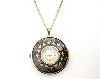 Rare Crosy 21 Jewel Pendant Watch With Black Enamel Case & 22" Chain