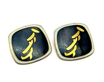 Laurel Burch Cloisonné Enamel Black & Gold "Summer" Stud Earrings - 1"