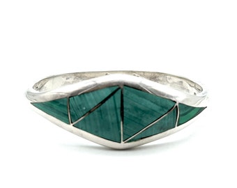 Heavy Vintage Taxco Sterling Silver & Malachite Hinged Bangle  - 40 grams