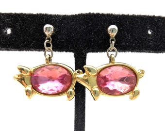 Rare Trifari Pink Crystal Pig Dangle Earrings
